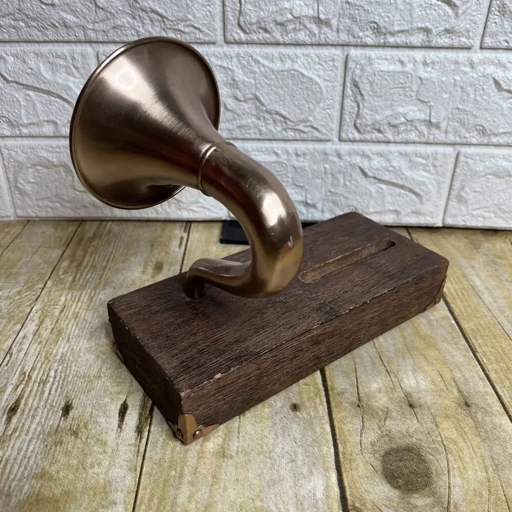 Wooden Smartphone Dock with Vintage Sound Amplifier, Brass Corners